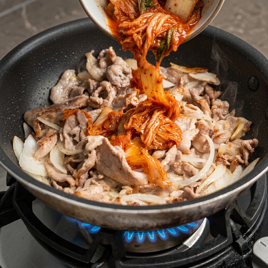 ボウルから赤いキムチと漬け汁を、豚肉と玉ねぎを炒めているフライパンに流し入れている様子