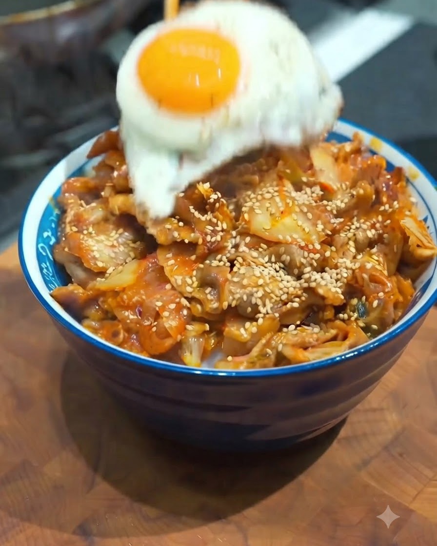出来立ての目玉焼きを、湯気の立つ豚キムチ丼の上にそっとのせている様子