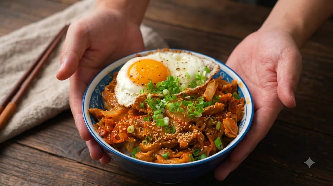 半熟の目玉焼き、刻みねぎ、白いりごまをトッピングした熱々の豚キムチ丼