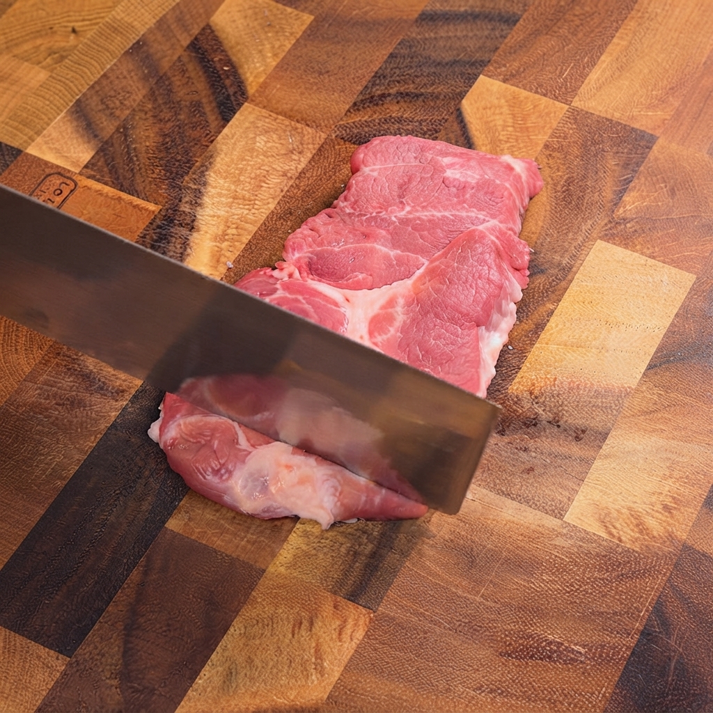 木のまな板の上で、包丁の背を使って豚肉を叩いて柔らかくしている様子