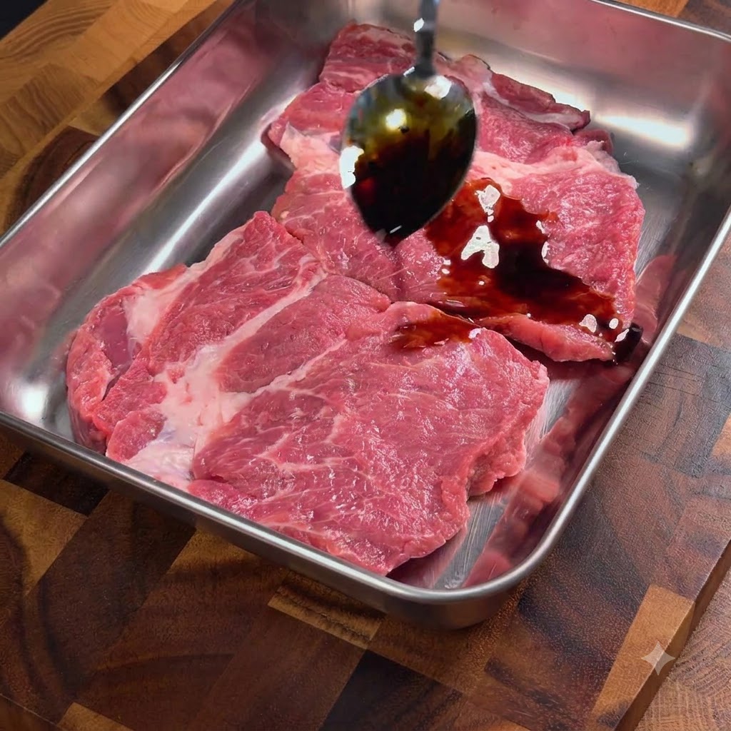 金属製のバットに入った豚肉に、スプーンで醤油を回しかけている様子
