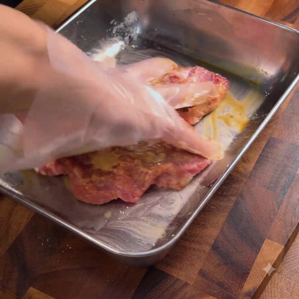 調理用手袋をつけた手で、バットの中の豚肉に調味料を揉み込んでいる様子