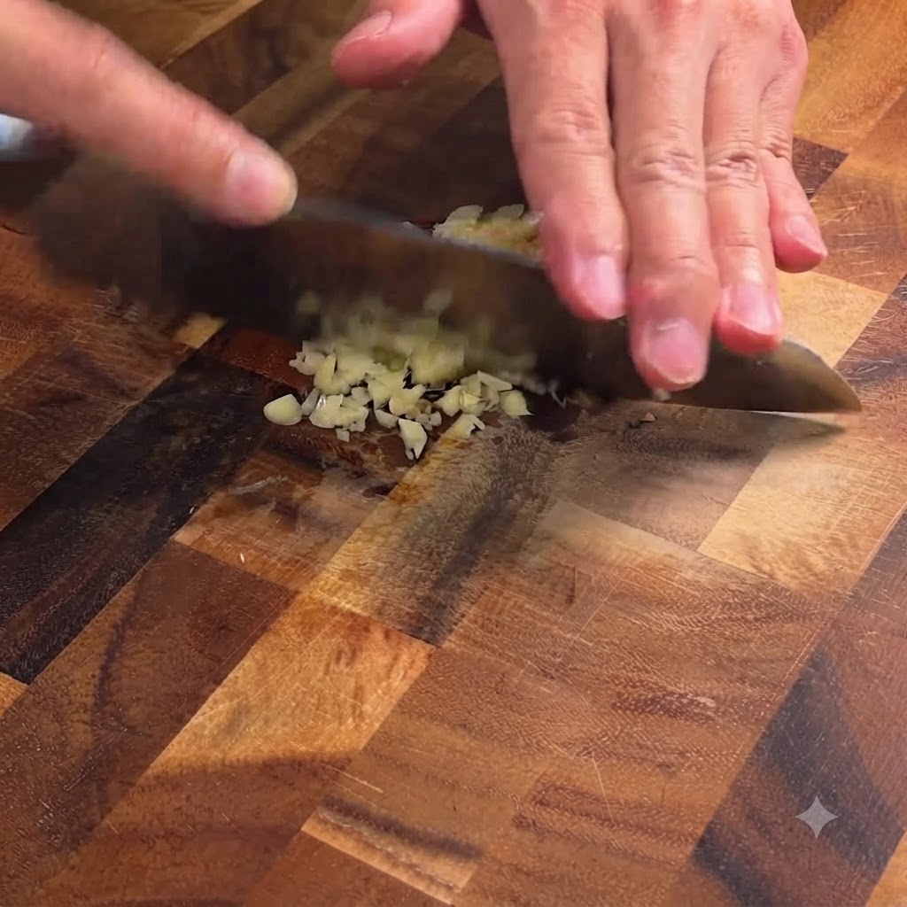 木のまな板の上で、包丁とにんにくの cloves を細かくみじん切りにしている様子