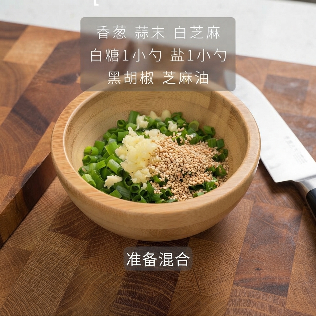 刻んだねぎ、みじん切りにされたにんにく、白ごま、調味料が入った小さな木のボウル