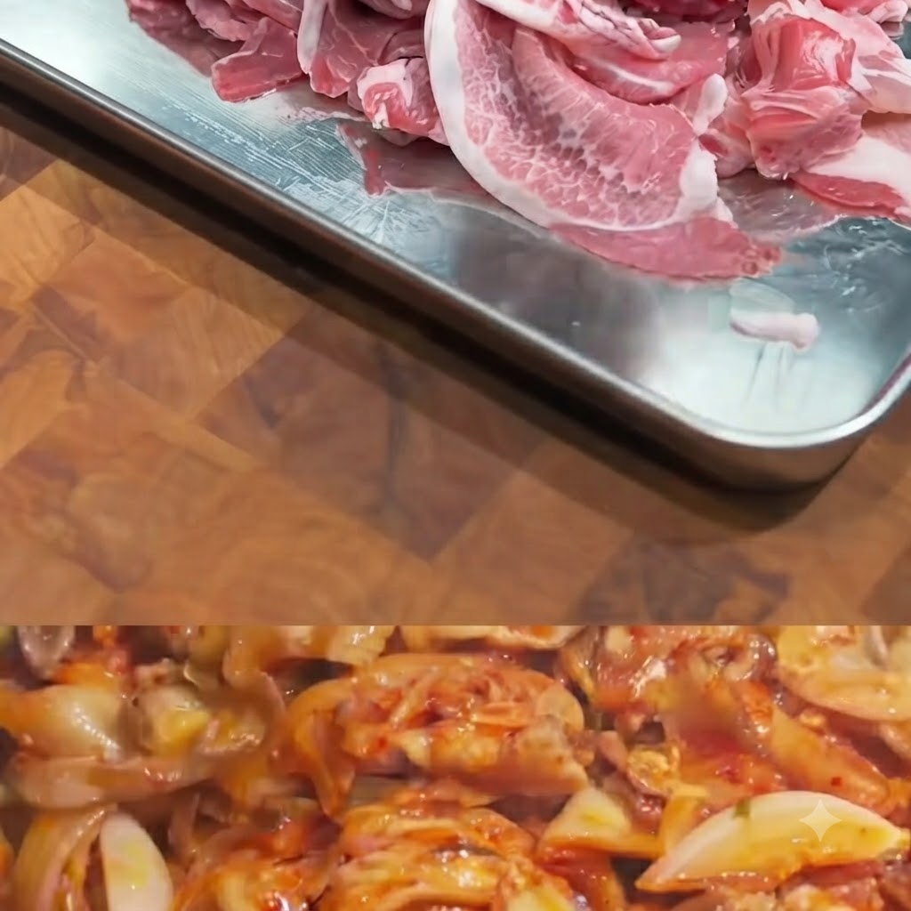 トレーに並べられた、小麦粉がまぶされた薄切りの豚肉。