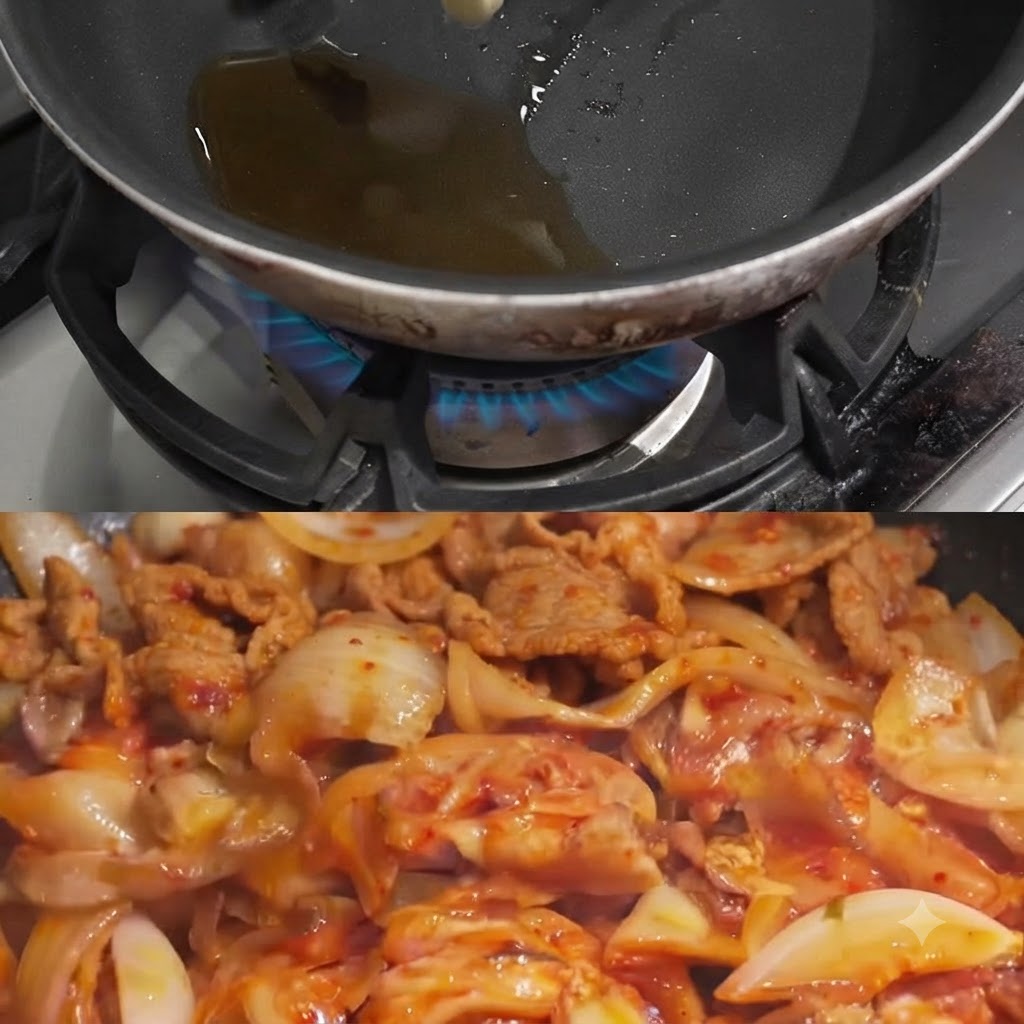 フライパンの中で熱せられた油の中で炒められるスライスにんにく。