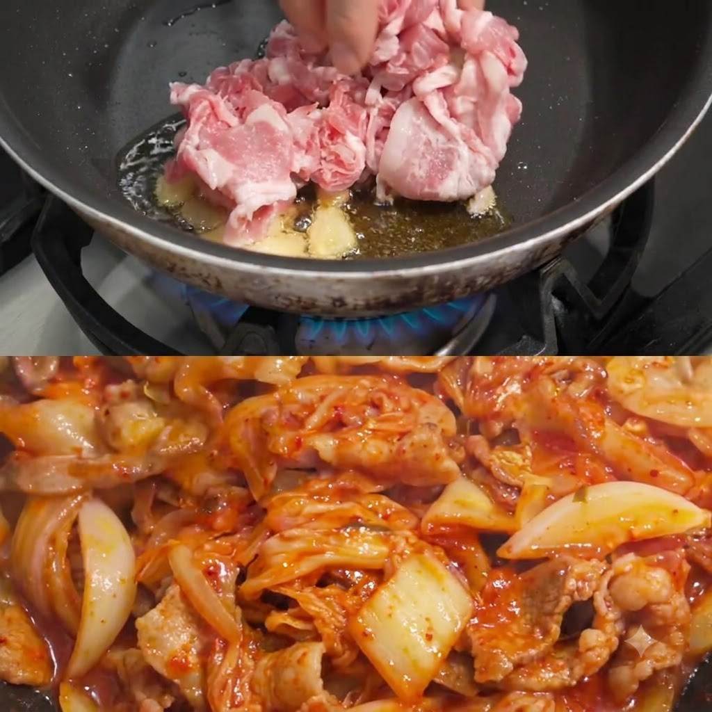 フライパンで炒められている豚肉の様子。