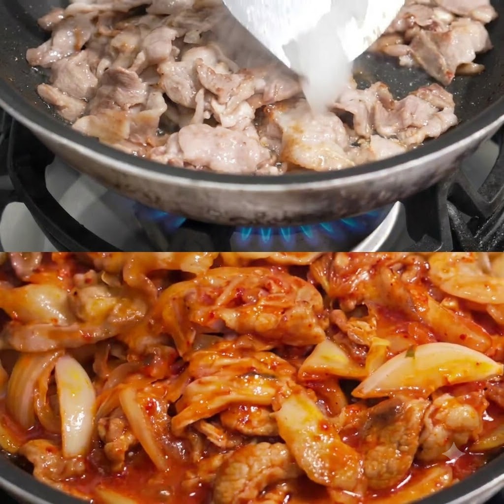 炒めた豚肉が入ったフライパンに玉ねぎが加えられている様子。