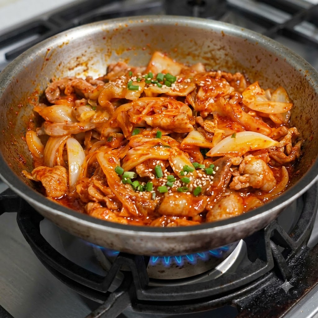 フライパンの中で、豚肉や玉ねぎと刻みキムチが混ぜ合わされている様子。
