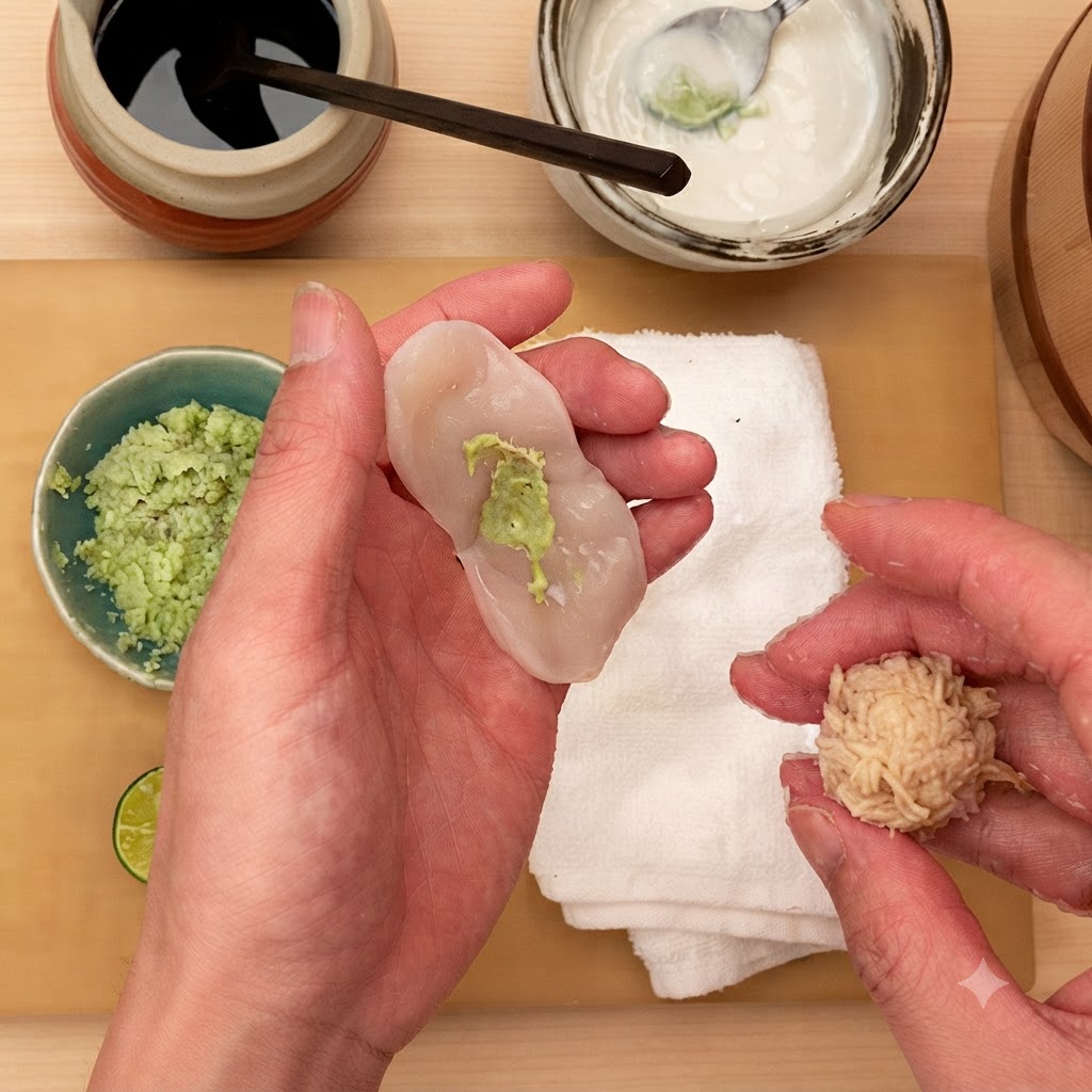 片手にわさびをのせた隠し包丁入りのホタテを持ち、もう一方の手で握られたすし飯を持っている様子。