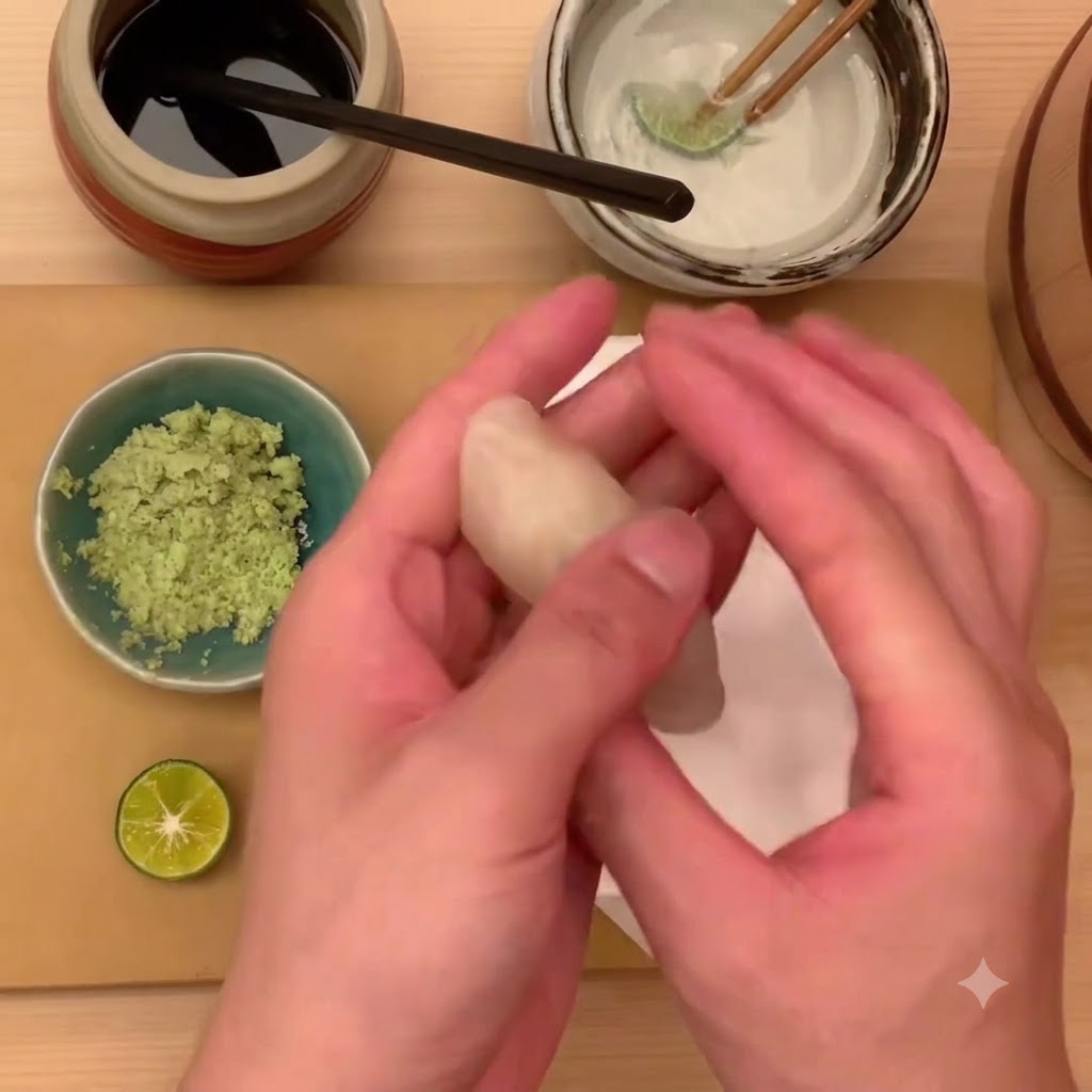 白い布の表面で、ホタテの寿司を指で整えながら形作っている様子。