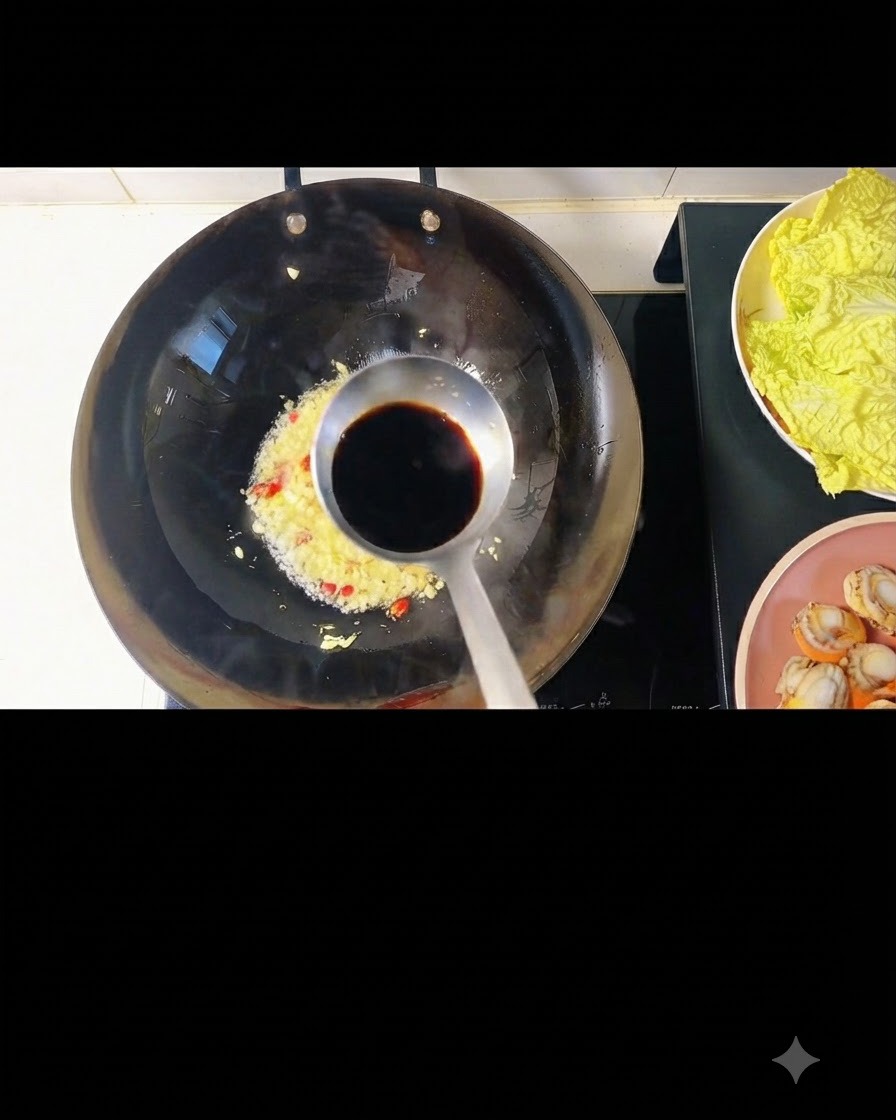 中華鍋の中のニンニクと唐辛子の混合物に薄口醤油とオイスターソースが注がれている様子