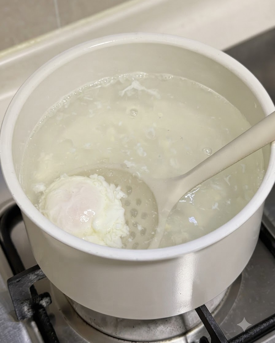 白酢を加えた煮立つお湯の入った鍋から、スプーンを使ってポーチドエッグを取り出している様子。
