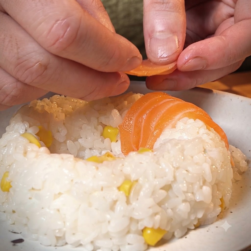 白皿の上にリング状に盛られたご飯の周りに、スライスしたサーモンをきれいに円形に並べている手。