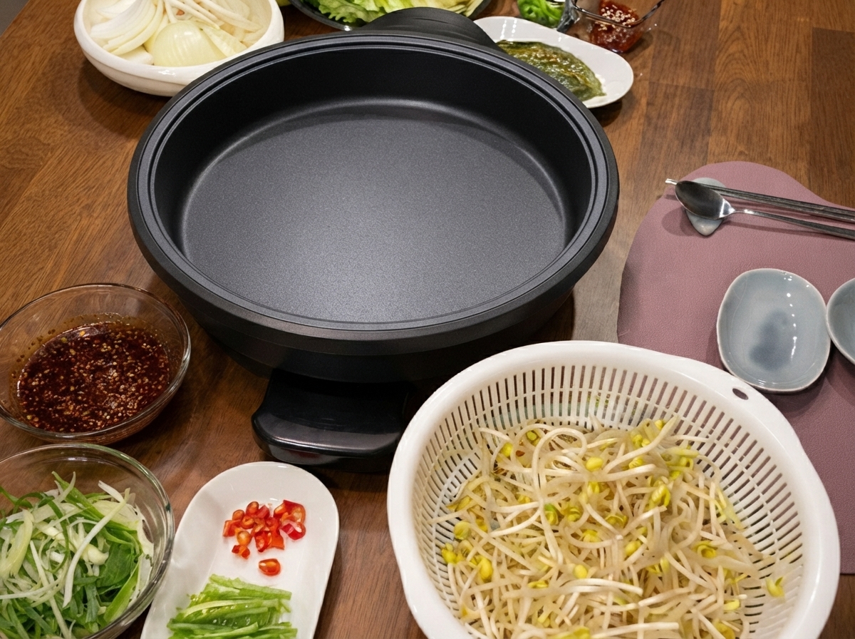 木製のテーブルに置かれたホットプレートと、その横にあるもやし、タレ、切った野菜。