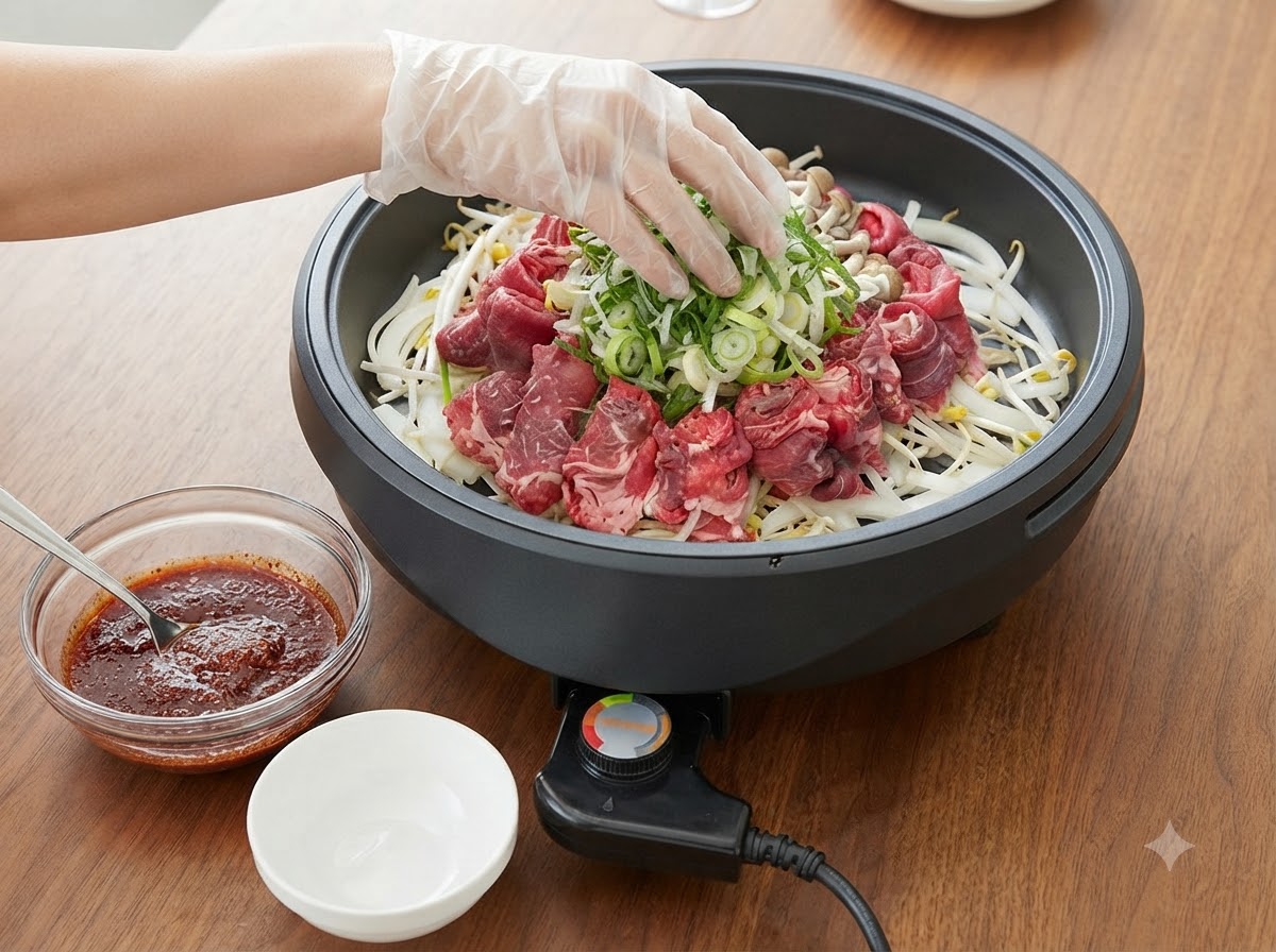 お肉と野菜の山の中央に、細切りにした新鮮な青ねぎをのせる様子。