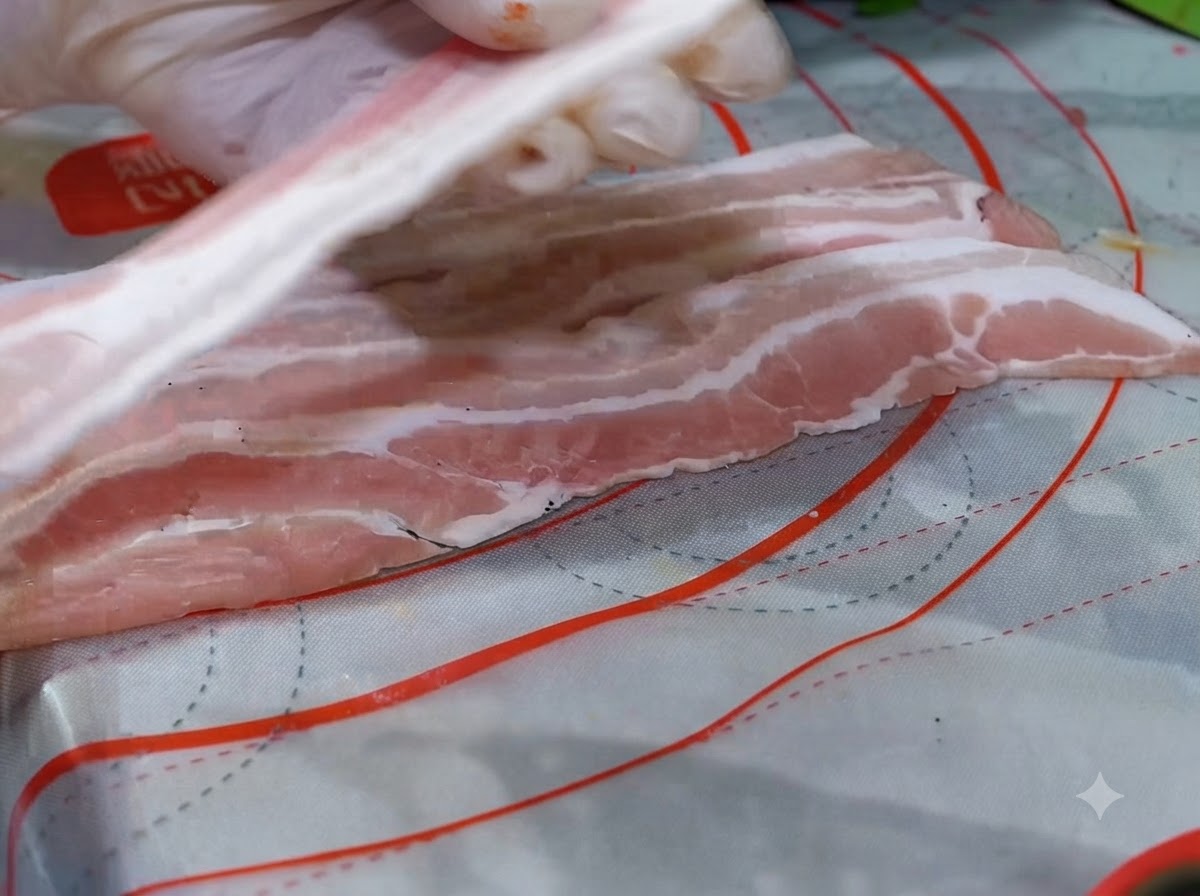 厚切りの豚バラ肉を平らに並べ、上から黒こしょうを振っている様子。