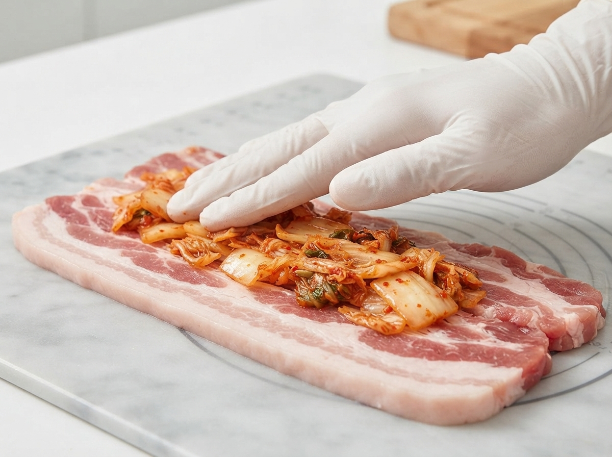 豚バラ肉の中央に辛口キムチを並べている様子。