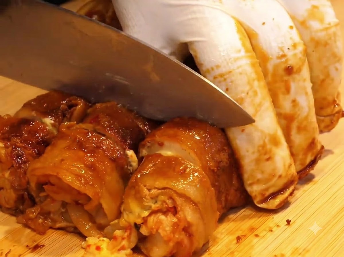 熱した鉄板の上に、肉巻きを綺麗に並べている様子。