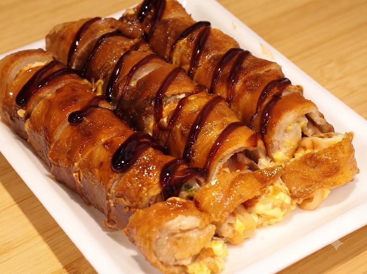 鉄板で焼いている肉巻きに、フルーツソースをかけている様子。