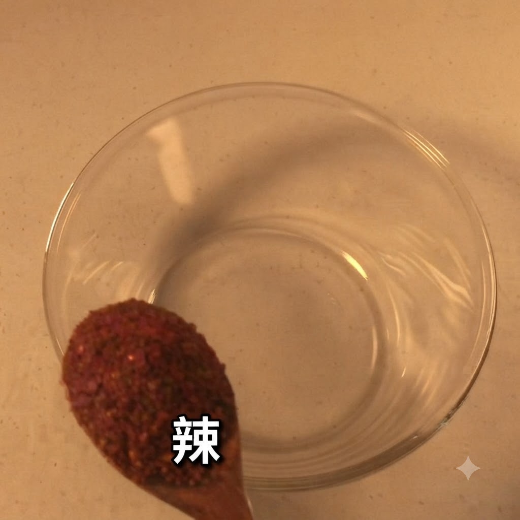 空のガラスボウルの上で、スプーン一杯の赤い粗挽き粉唐辛子を持っている様子。