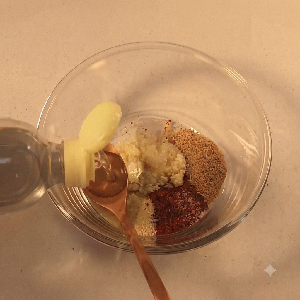 乾燥した調味料が入ったガラスボウルの中で、計量スプーンに液体調味料を注いでいる様子。