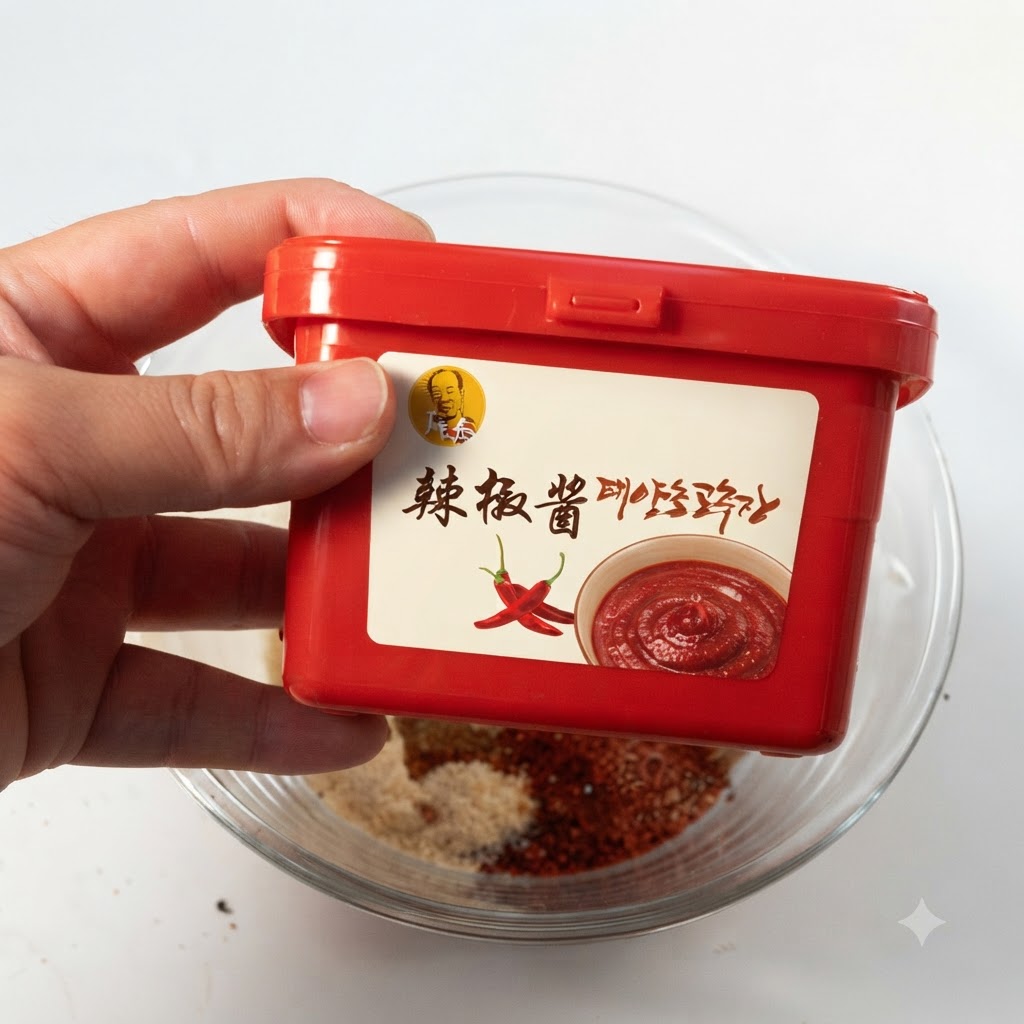 調味料のボウルの上で、赤いコチュジャンの容器を手に持っている様子。