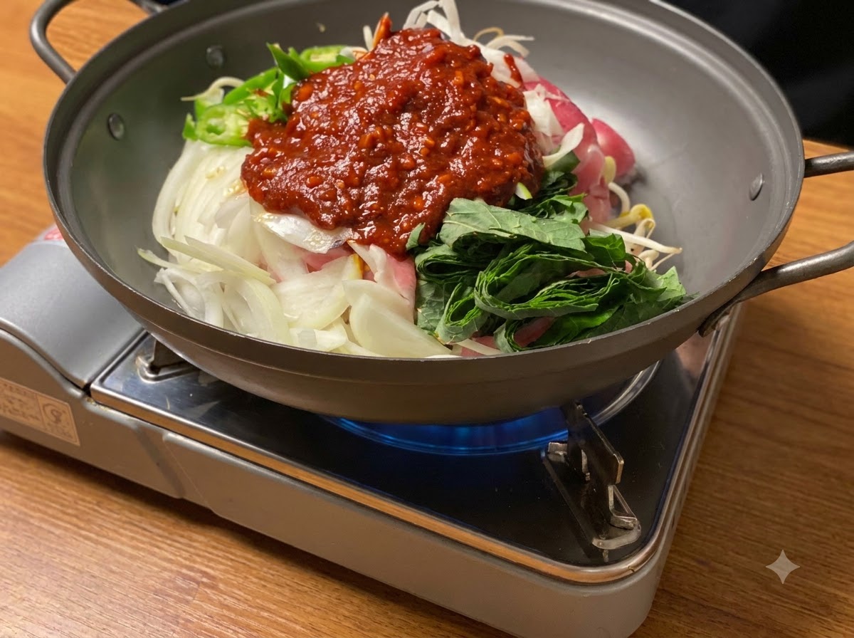 ガス火の上で鍋の中で煮込まれ、赤いソースが肉や野菜に馴染んでいく様子。