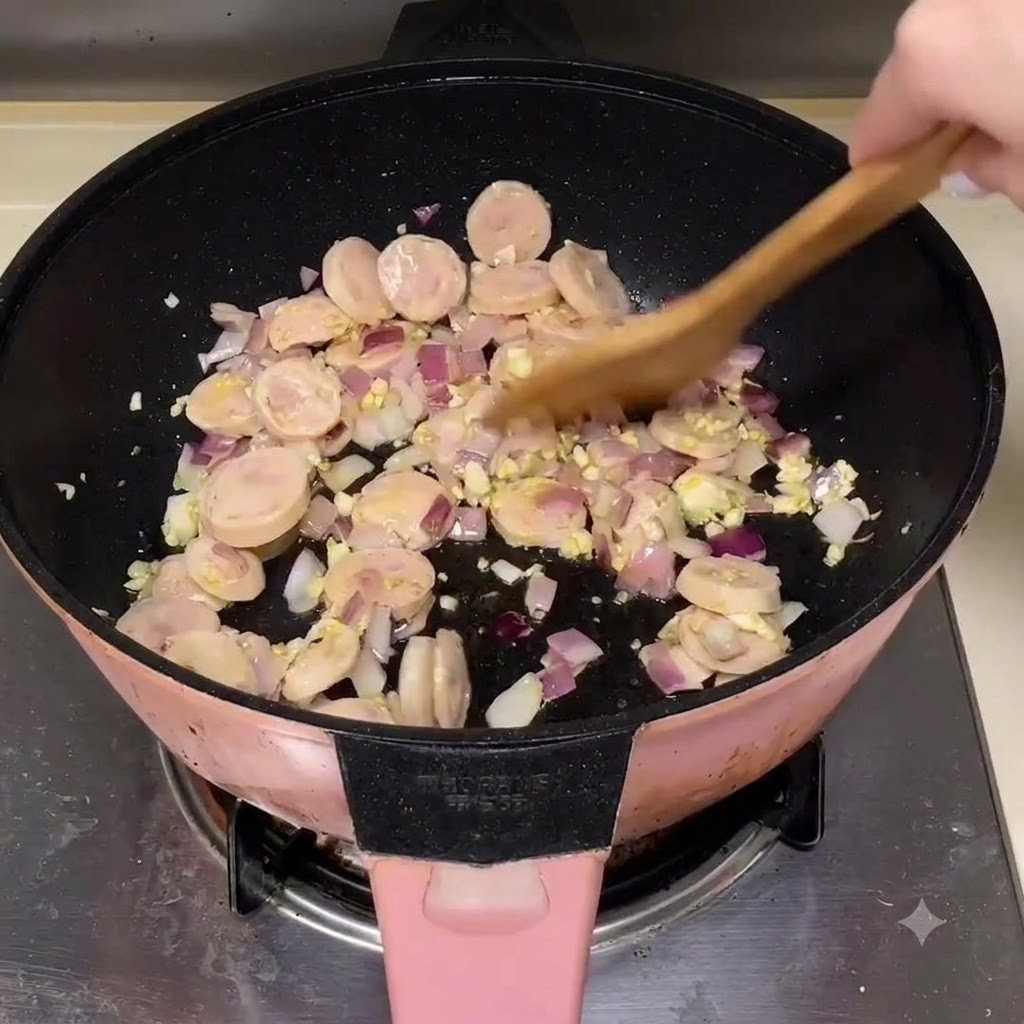 木べらを使って、フライパンの中でソーセージのスライスを玉ねぎとにんにく一緒に混ぜ合わせている様子。