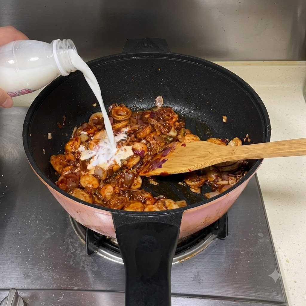 プラスチックボトルから、煮込んでいる具材が入った調理用フライパンに牛乳を注いでいる様子。