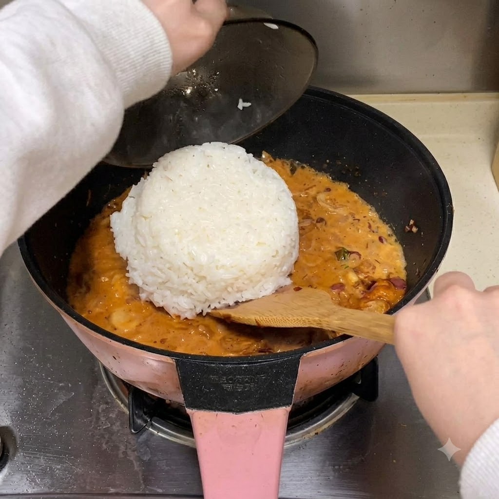 フライパンの中の泡立つ赤いソースの中に、白ご飯の入ったボウルをひっくり返して移している様子。