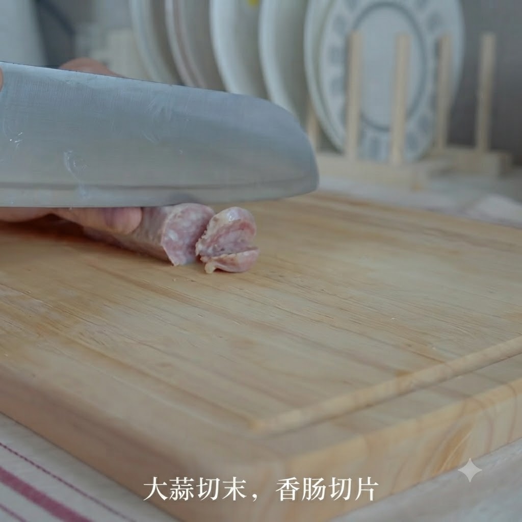 木製のまな板の上で包丁を使ってソーセージを輪切りにしている様子