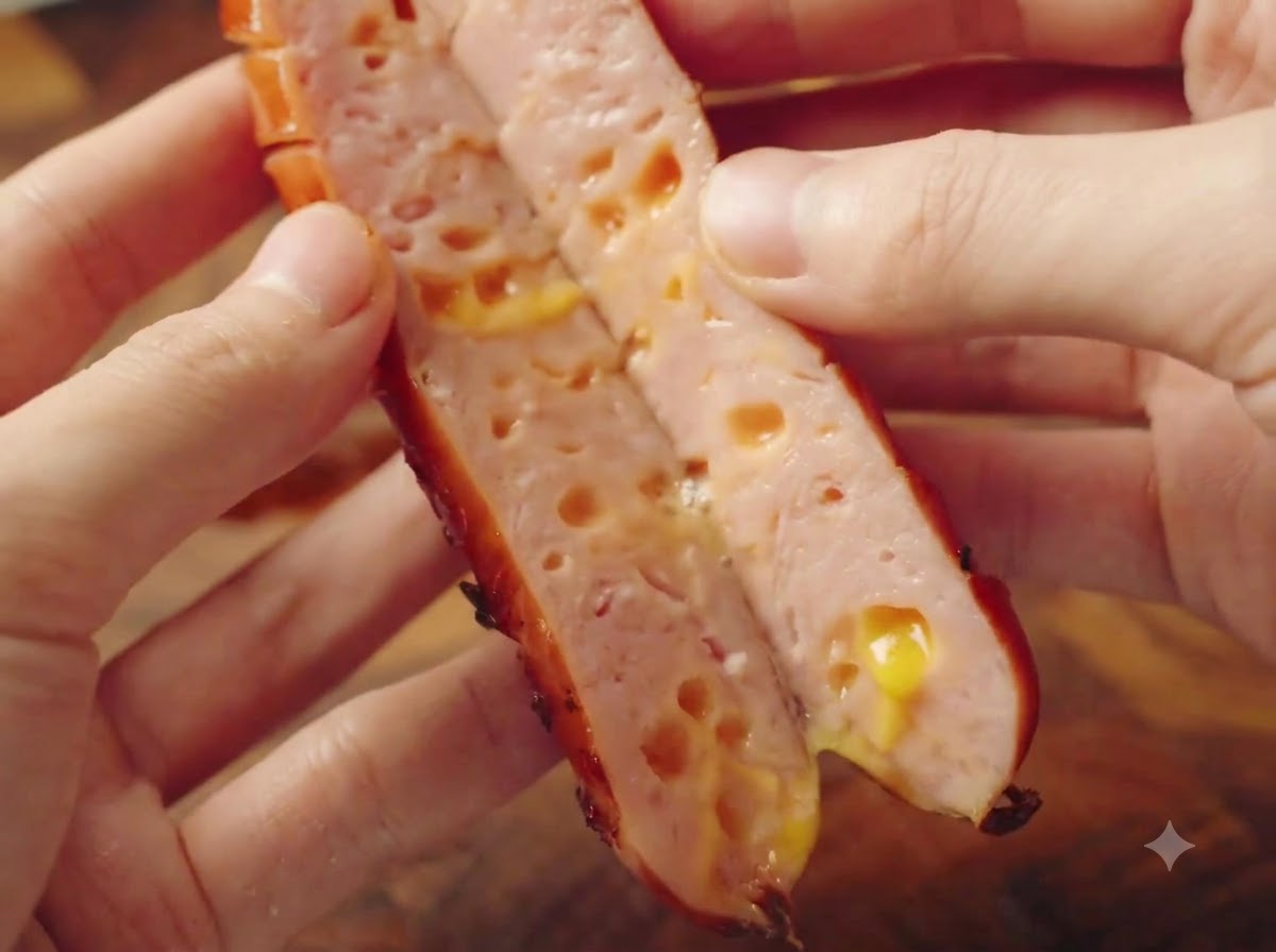 焼き上がったチーズソーセージを半分に切り、中の黄色いとろけたチーズを見せている様子。