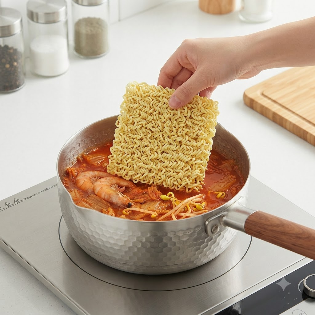 エビや野菜が入った沸騰したスープにインスタントラーメンを入れる様子