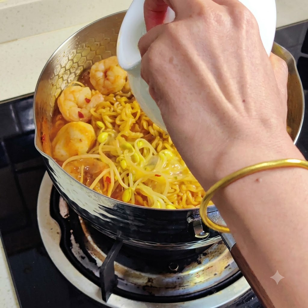 煮立っているラーメンの鍋に白い容器から溶き卵を流し入れている様子