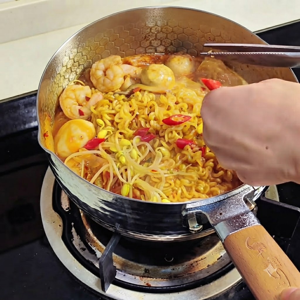 茹で上がったラーメンの上に刻んだ赤唐辛子とネギを散らしている様子