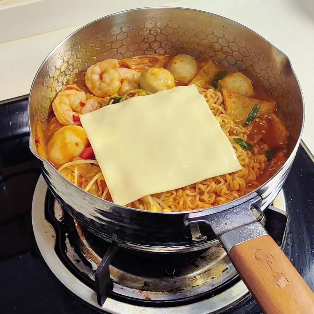 湯気の立つラーメンの上にのせられた2枚の黄色いスライスチーズ
