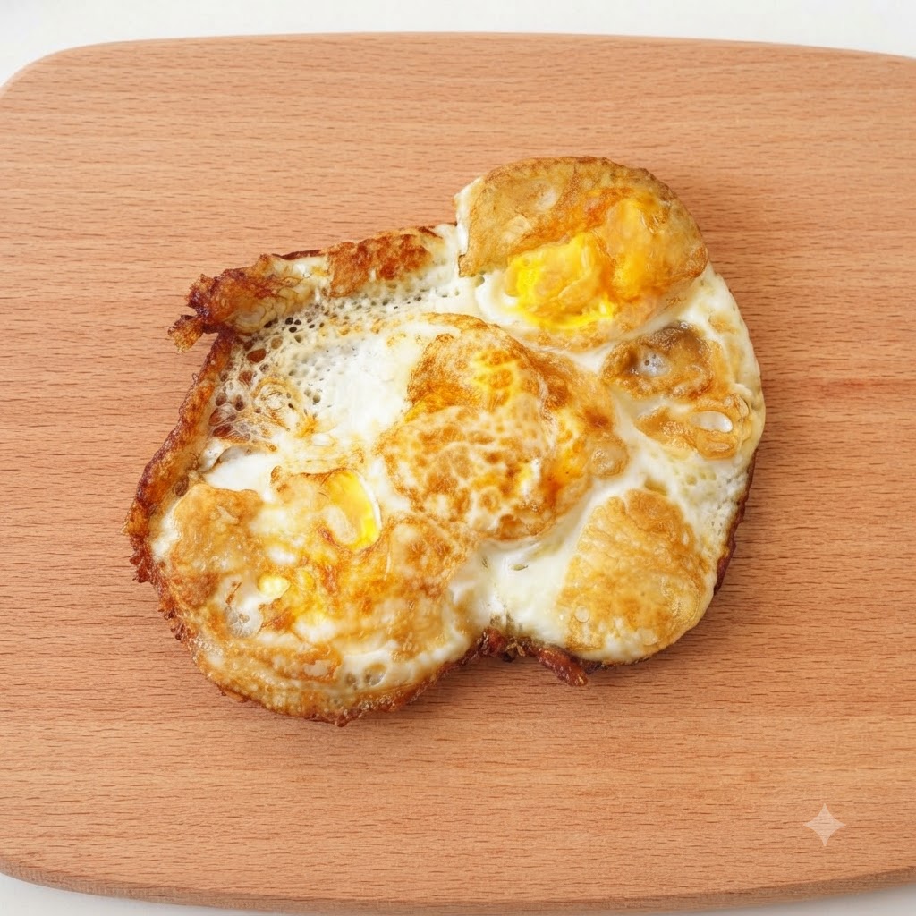香ばしい焼き目のついた焼き卵を、模様入りのペーパーを敷いた上で小さく切り分けている様子。