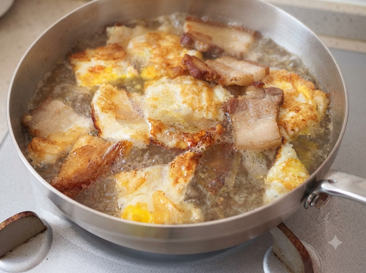 スライスしたキノコ、ハムソーセージ、白い豆腐のピースを、スープの入った鍋に投入している様子。