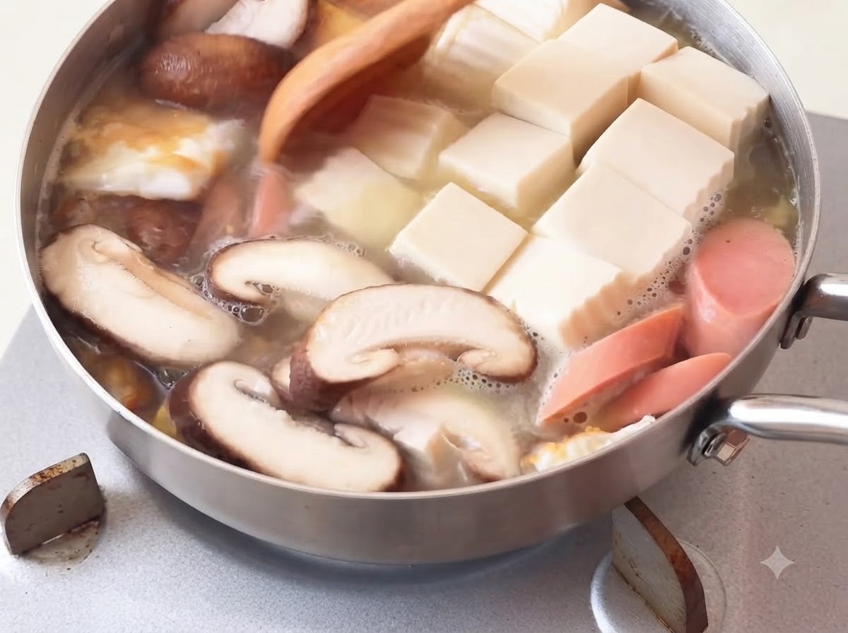木べらを使って、新鮮な白菜の葉を煮立っているスープに加えている様子。