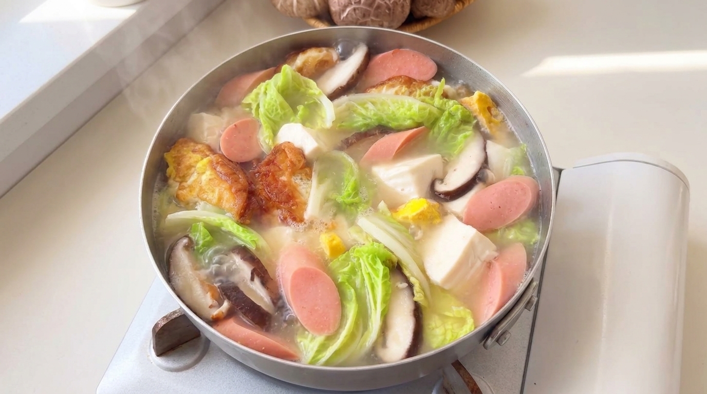 焼き卵、白菜、豆腐、しいたけ、ハムソーセージを濃厚な白濁スープで煮込んだ三鮮湯の鍋
