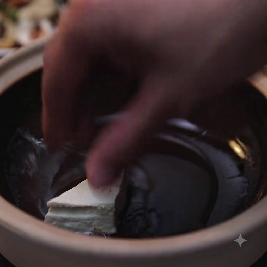 油を引いた熱々の土鍋に、手が木綿豆腐の三角形を置いてきつね色に焼き付けている様子。