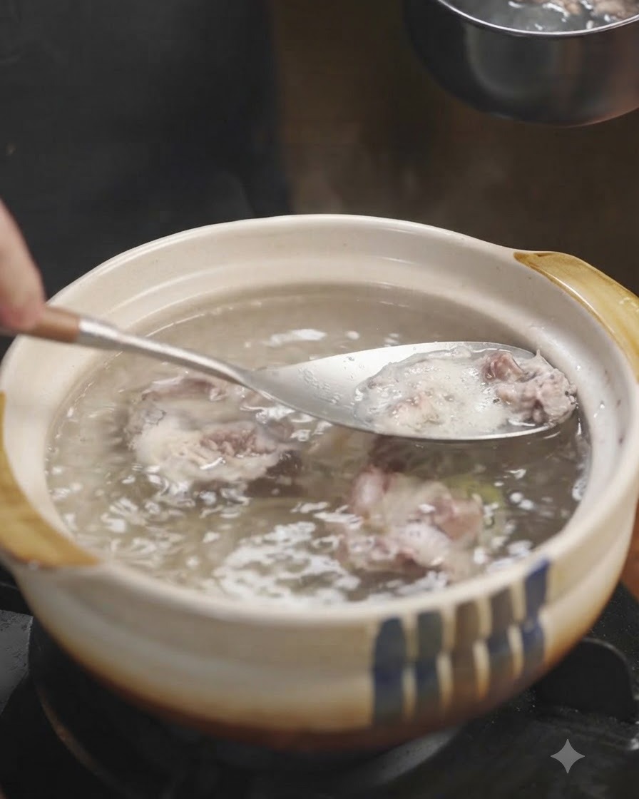 金属製のお玉で、煮立っている牛骨スープの表面のアクをすくい取っている様子。