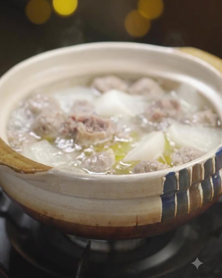牛丸大根スープが入った熱々の陶器の鍋に、細かく刻んだ新鮮な香菜を散らしている様子。