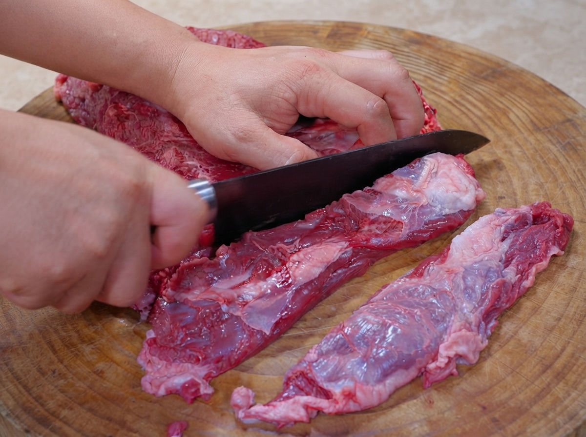 丸い木のまな板の上で、キッチンナイフを使って生牛肉を細長い短冊状や均一な大きさにスライスしている手。