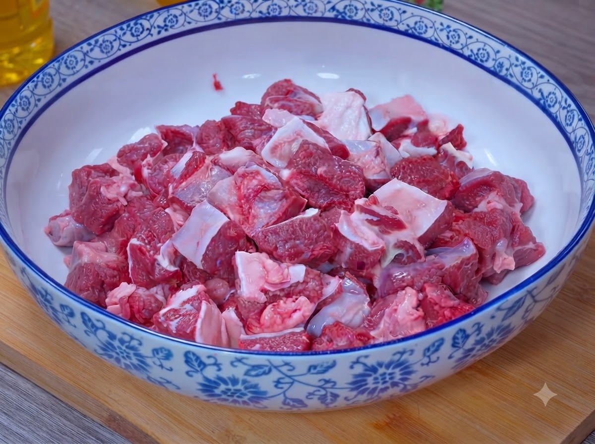 大きなボウルに入った牛肉の塊の上に塩が振りかけられている様子。