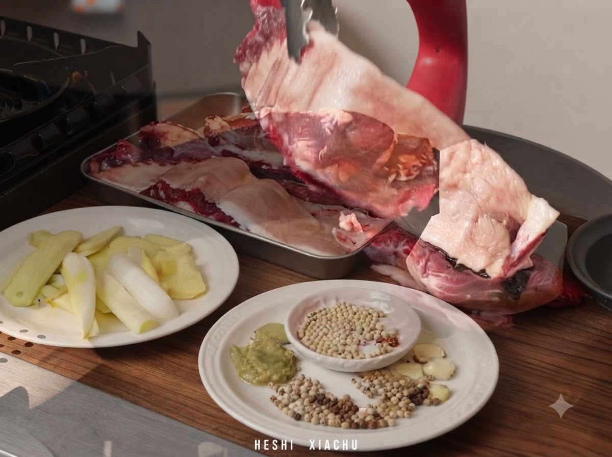 冷たい水、生姜、長ネギを入れた鍋に、生の牛バラ肉を入れている様子。