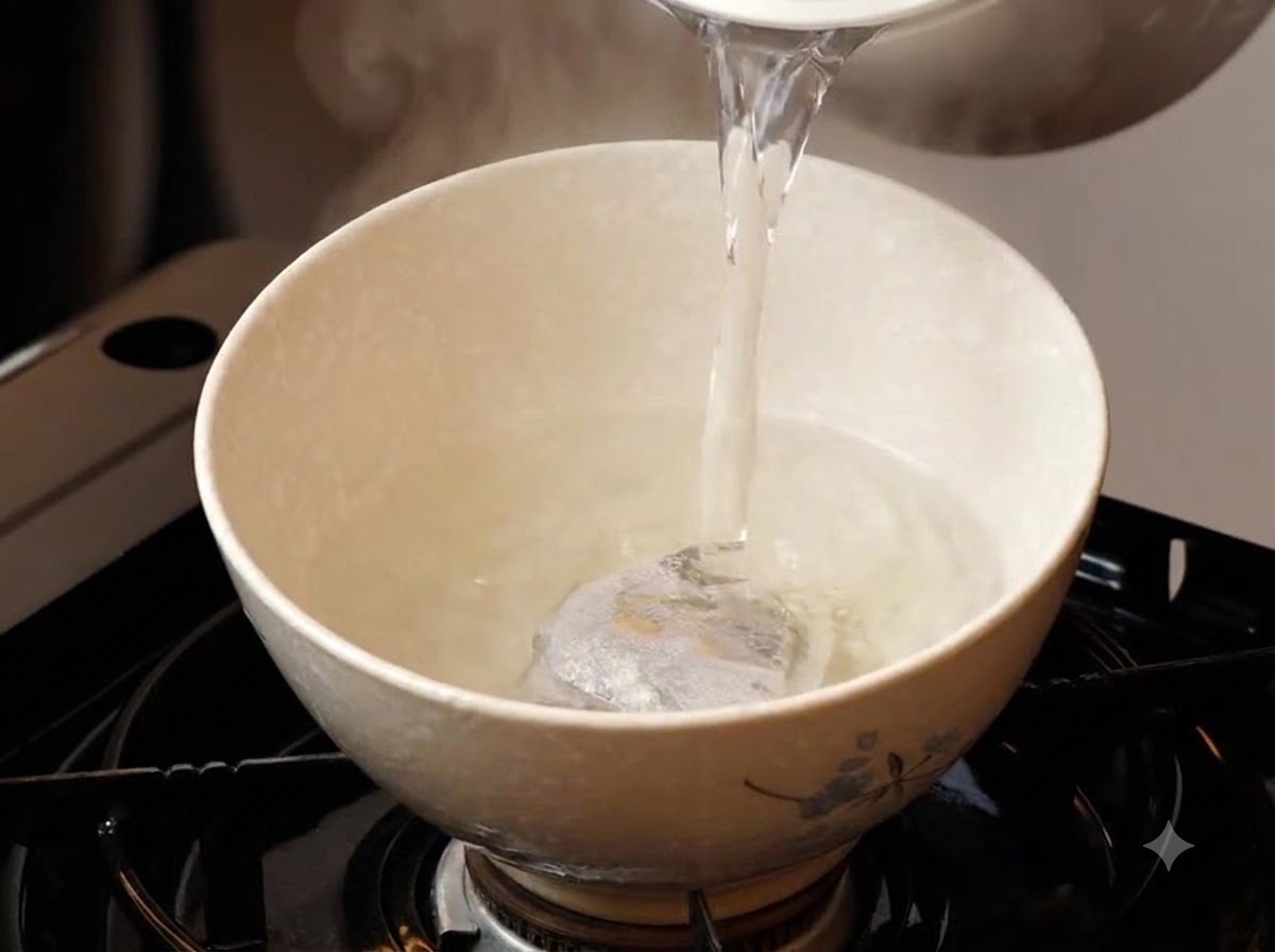 ケトルからお湯が、スパイスバッグの入ったセラミックボウルに注がれている様子。