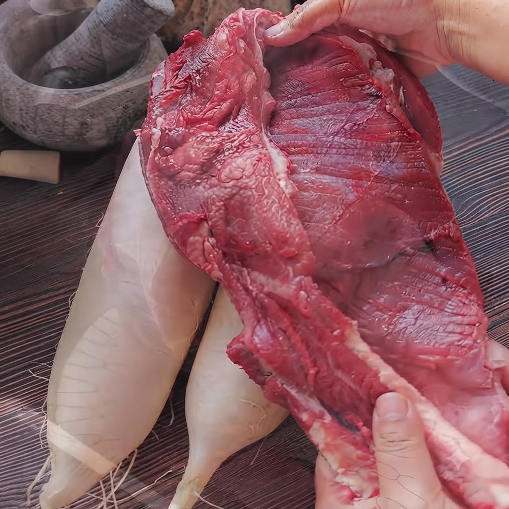キッチンのシンクの蛇口の下で洗われている生の牛バラ肉。