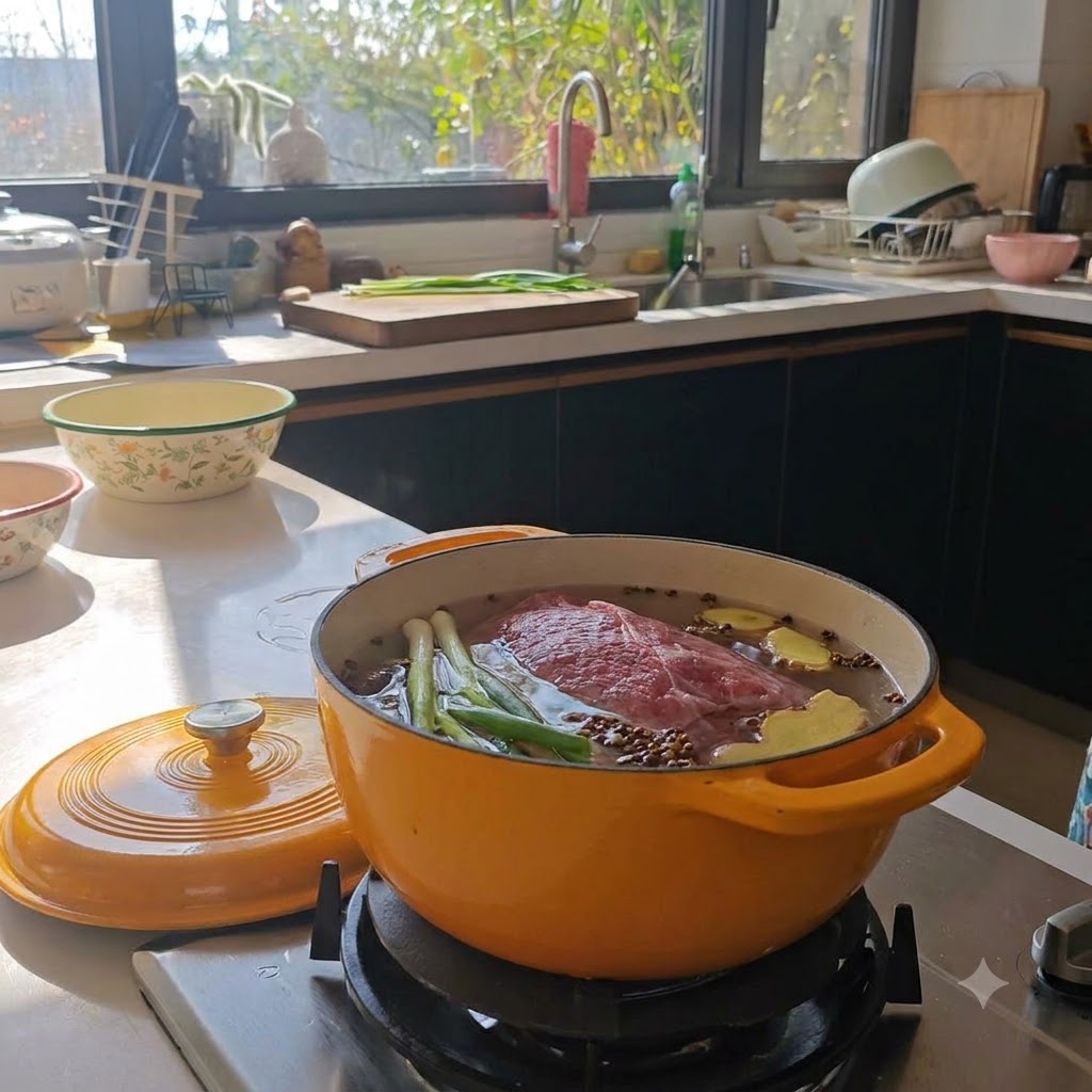 オレンジ色の鍋の中で、冷たい水に浸かった生の牛バラ肉、長ねぎ、花椒。